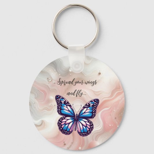 青とピンクの(昆虫)オオカバマダラ、モナーク蝶とことわざ キーホルダー (正面)