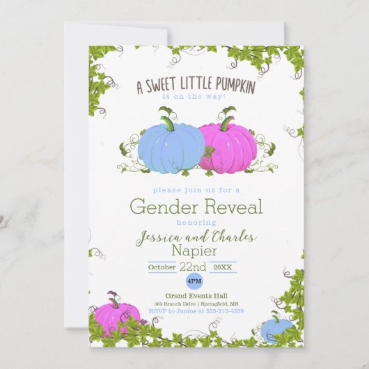 青とピンク甘い小さなかぼちゃのジェンダーの明かす カード (正面)