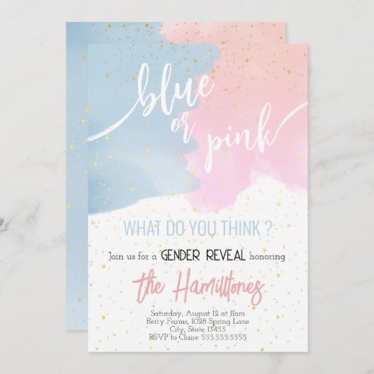 青とピンク | グリッタージェンダーが赤ちゃんシャワーを明かす 招待状 (正面/裏面)