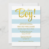 青とフェイク金ゴールドのストライプ男の子のシャワー 招待状 (正面)