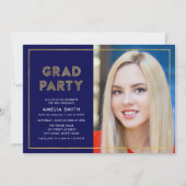 青とフェイク金ゴールド幾何学的フォトグラッドパーティー 招待状 (正面)