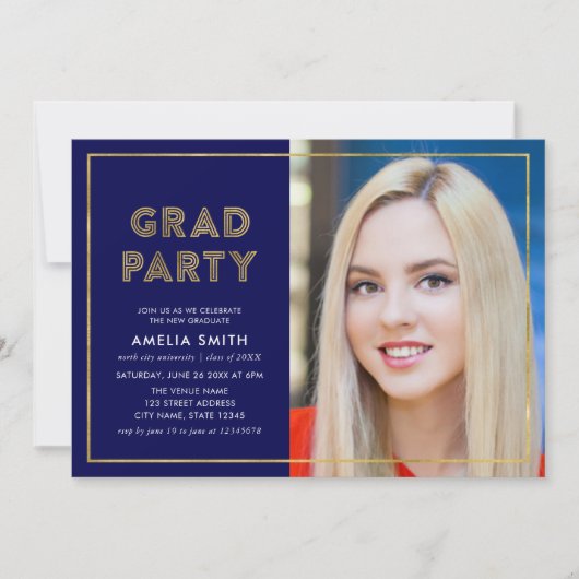 青とフェイク金ゴールド幾何学的フォトグラッドパーティー 招待状 (正面)