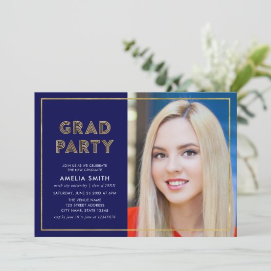 青とフェイク金ゴールド幾何学的フォトグラッドパーティー 招待状 (スタンド正面)