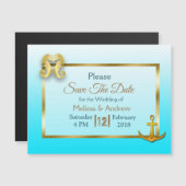 青とフェイク金ゴールド航海のの日付磁石の保存 マグネット招待状 (正面/裏面)