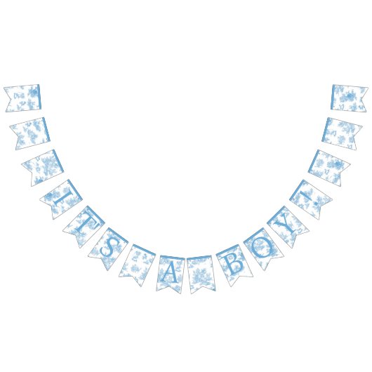 青とフランスの白のトワールデジュイ赤ちゃんシャワー バンティングフラッグ (全)