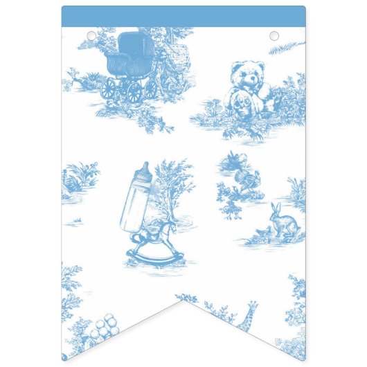 青とフランスの白のトワールデジュイ赤ちゃんシャワー バンティングフラッグ (第1の旗)