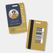 青とブラウンの先生用QRコード+写真入りネームバッジ バッジ (正面&裏面)