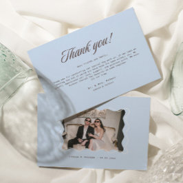 青とブラウンの結婚式の写真 サンキューカード