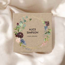 青とブルゴーニュのフローラ幾何学的クラフト スクエア名刺