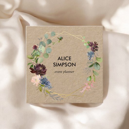 青とブルゴーニュのフローラ幾何学的クラフト スクエア名刺