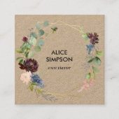 青とブルゴーニュのフローラ幾何学的クラフト スクエア名刺 (正面)