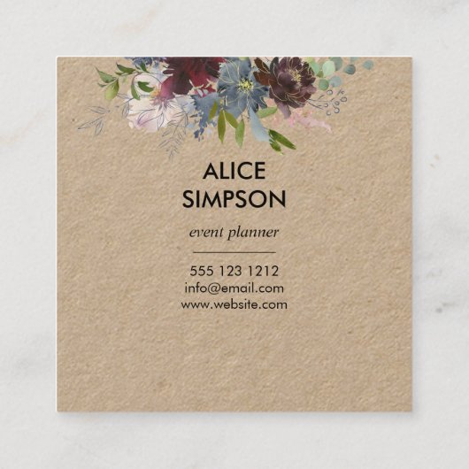 青とブルゴーニュのフローラ幾何学的クラフト スクエア名刺 (裏面)