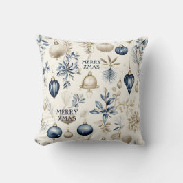 青とベージュのクリスマスオーナメントパターン クッション