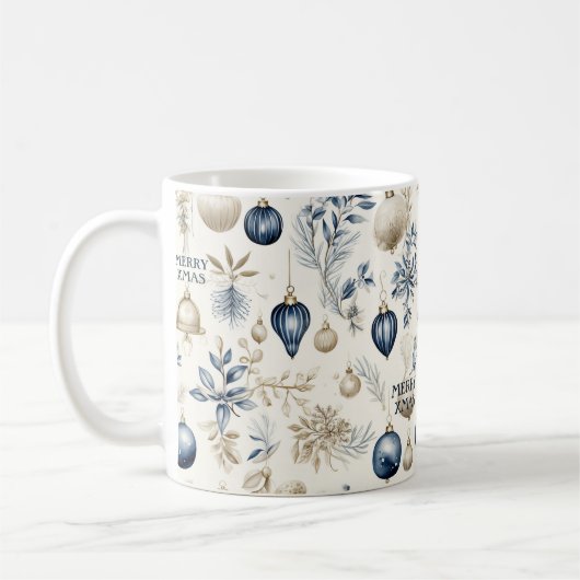 青とベージュのクリスマスオーナメントパターン コーヒーマグカップ (左)