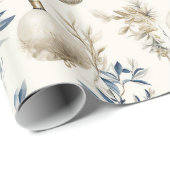 青とベージュのクリスマスオーナメント ラッピングペーパー (ロールコーナー)