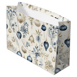 青とベージュのクリスマスオーナメント ラージペーパーバッグ