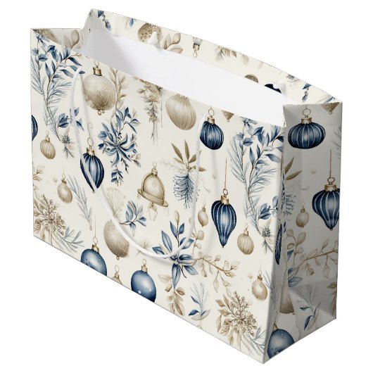 青とベージュのクリスマスオーナメント ラージペーパーバッグ (裏面アングル)