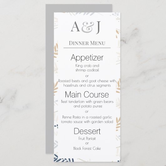 青とベージュのシダの葉のイニシャル メニュー (正面/裏面)