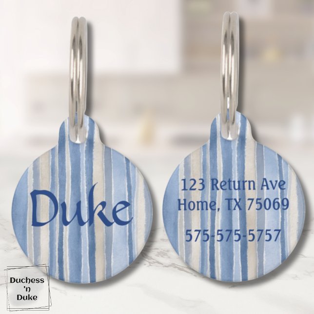 青とベージュのストライプ模様の名前付き ペット　ネームタグ (Name and Striped Pattern in Blue and Beige Pet ID Tag)