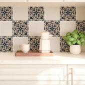 青とベージュのヴィンテージフローラスクロール タイル