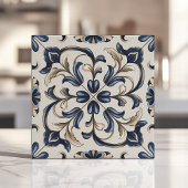 青とベージュのヴィンテージフローラスクロール タイル