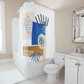 青とベージュの抽象芸術線 シャワーカーテン (インサイチュ)