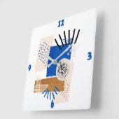 青とベージュの抽象芸術線 スクエア壁時計 (傾斜)