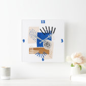 青とベージュの抽象芸術線 スクエア壁時計 (ホーム)