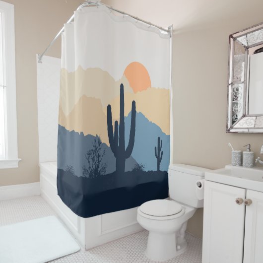 青とベージュの砂漠の日の出 シャワーカーテン (インサイチュ)