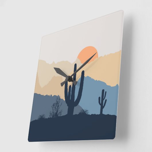 青とベージュの砂漠の日の出 スクエア壁時計 (傾斜)