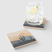 青とベージュの砂漠の日の出 ストーンコースター (横)