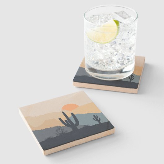 青とベージュの砂漠の日の出 ストーンコースター (横)