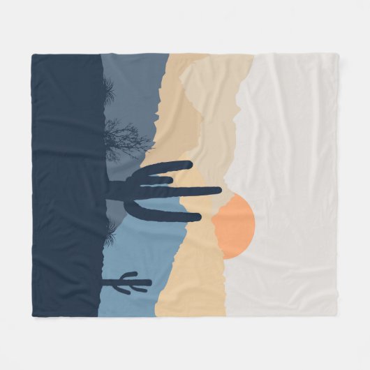 青とベージュの砂漠の日の出 フリースブランケット (正面(横))