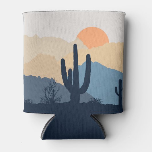 青とベージュの砂漠の日の出 缶クーラー (正面)