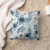 青とベージュの花 クッション (ブランケット)