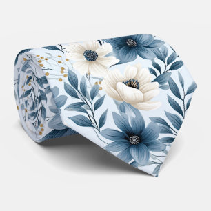 青とベージュの花 ネクタイ