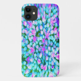 青とホットピンクの多肉植物 セダムの花のディテール iPhone 11 ケース