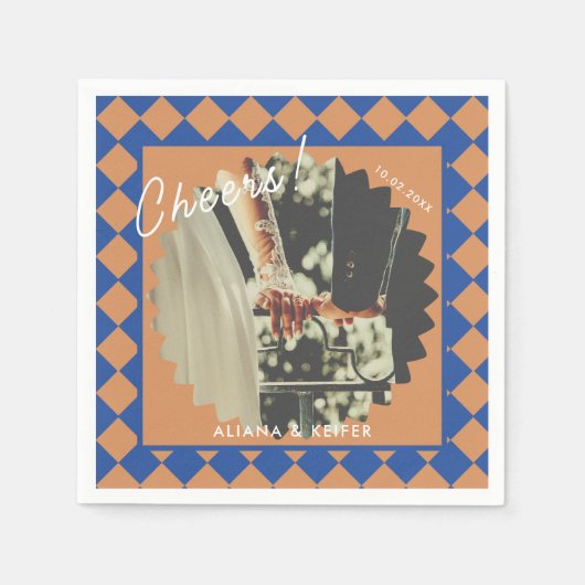 青とマスタードのレトロはっきりしたおもしろいの事実結婚の スタンダードカクテルナプキン (正面)