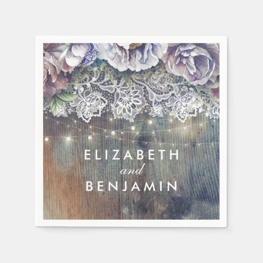 青とマルーンの花素朴レース結婚ズ スタンダードカクテルナプキン (正面)