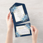 青とミントグリーンの水彩花のネイビーウェディング オールインワン招待状 (貼ってはがせる)
