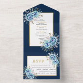 青とミントグリーンの水彩花のネイビーウェディング オールインワン招待状 (内側)