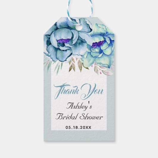 青とミントグリーンの花のサンクス ブライダルシャワー ギフトタグ (裏面)