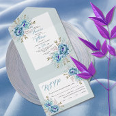 青とミント緑の水色の結婚花 オールインワン招待状