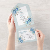 青とミント緑の水色の結婚花 オールインワン招待状 (貼ってはがせる)