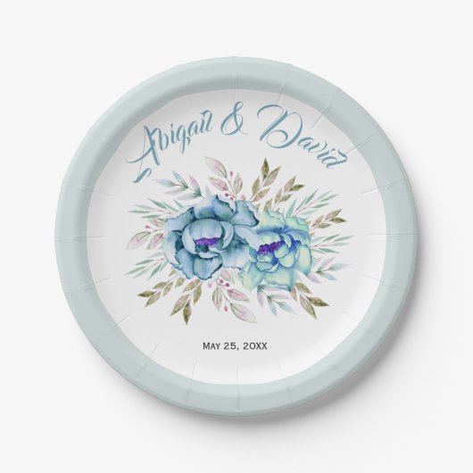 青とミント緑の水色の結婚花 ペーパープレート (正面)