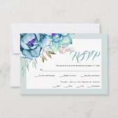 青とミント緑の水色の結婚花 出欠カード (正面)