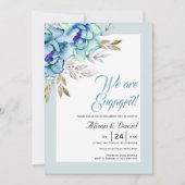 青とミント緑の水色の花の婚約 招待状 (正面)