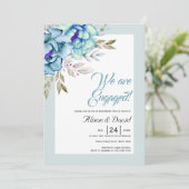 青とミント緑の水色の花の婚約 招待状 (スタンド正面)