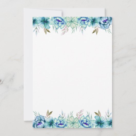 青とミント緑の水色の花の婚約 招待状 (裏面)