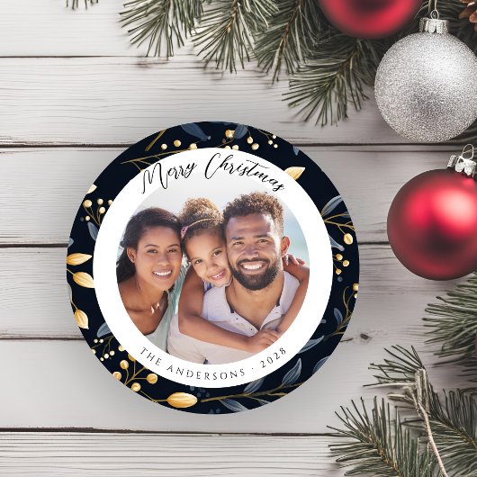 青とモダン金ゴールドのクリスマスリーフラウンド写真 シーズンカード